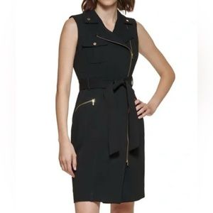 NWT Size 8 Calvin Klein Black Sheath Moto Wrap Belted Zipper Dress​​​​​​…